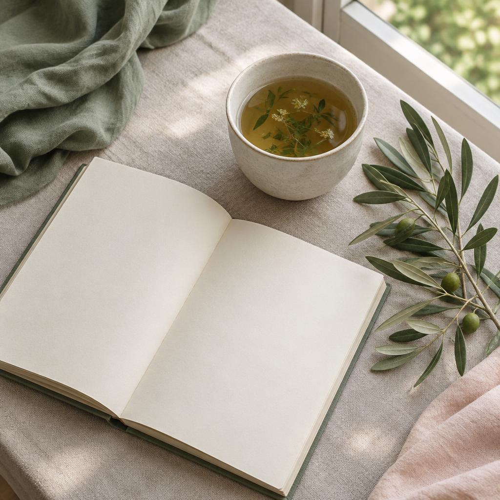 Un cuaderno y una infusión junto a una rama de olivo